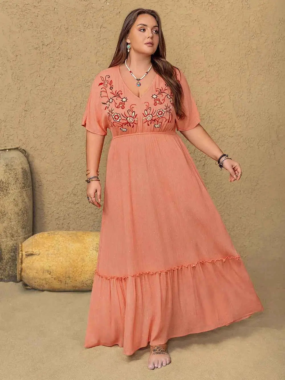 Plus Size Frill Embroidered V-Neck Half Sleeve Maxi Dress