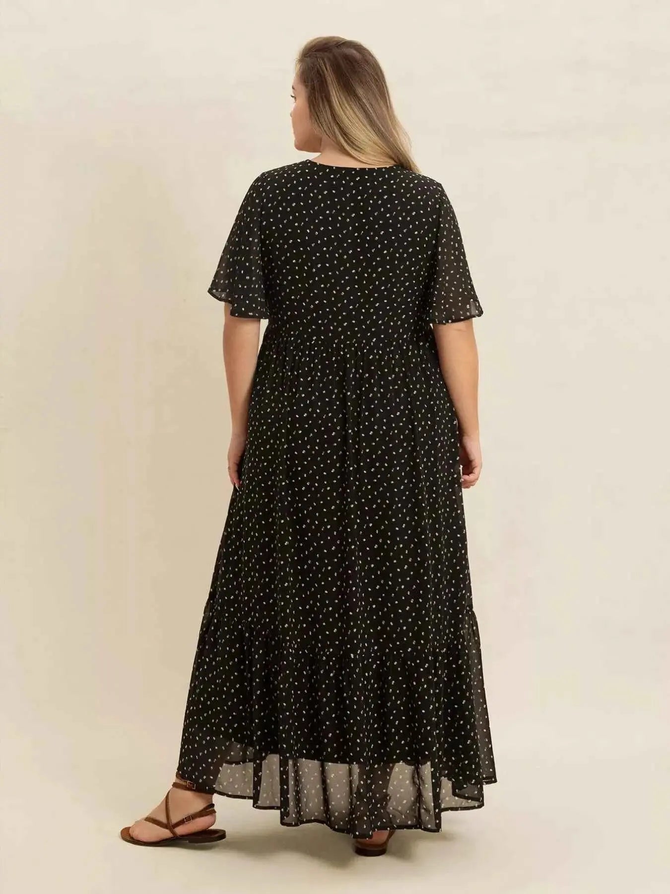 Plus Size Printed V-Neck Flutter Sleeve Maxi Dress