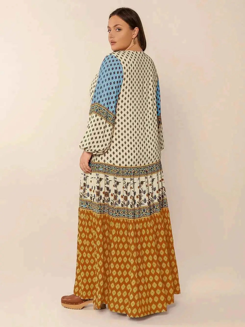 Plus Size Printed V-Neck Balloon Sleeve Maxi Dress