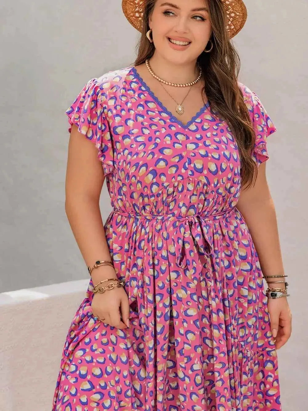 Plus Size Printed V-Neck Flutter Sleeve Tie Waist Maxi Dress