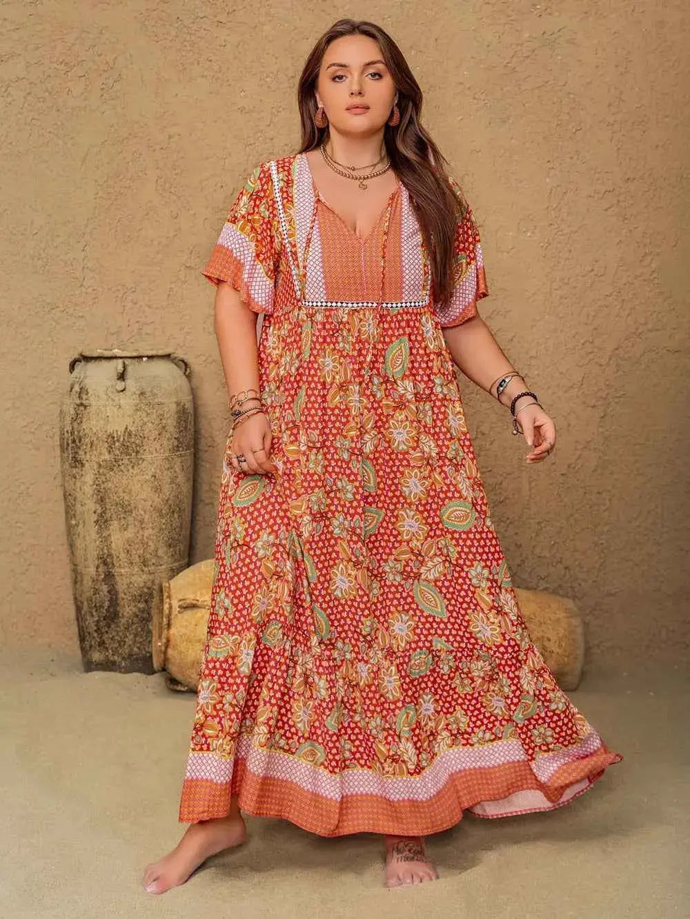 Plus Size Printed Tie Neck Flutter Sleeve Maxi Dress