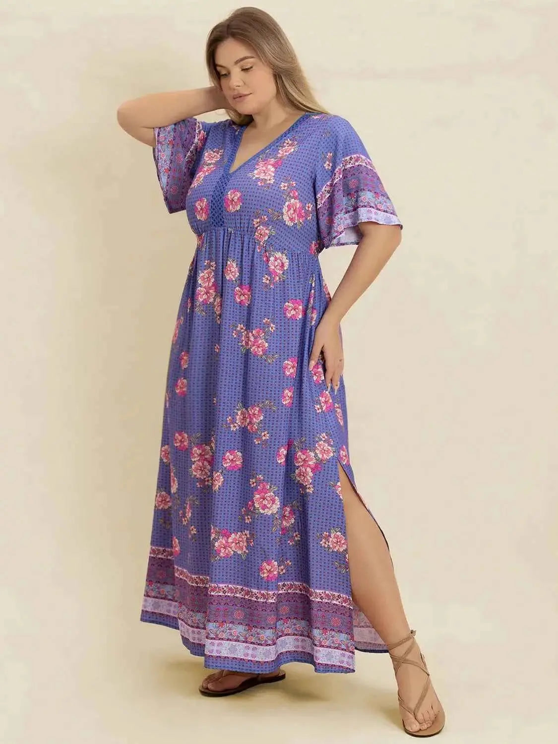 Plus Size Printed V-Neck Flutter Sleeve Dress