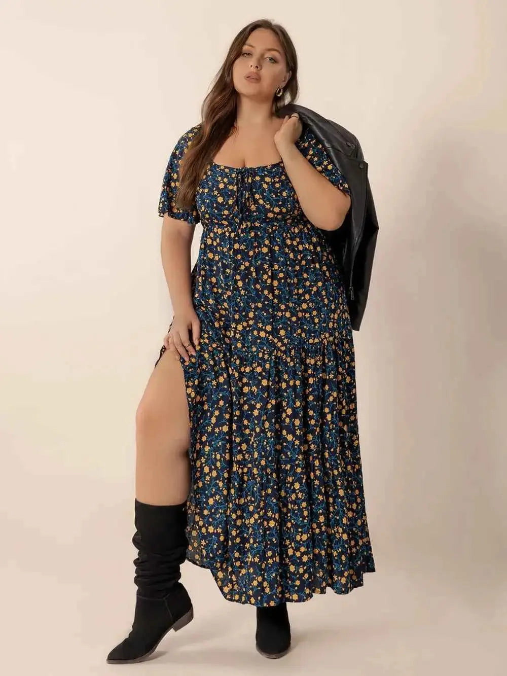 Plus Size Printed Short Sleeve Slit Tiered Maxi Dress