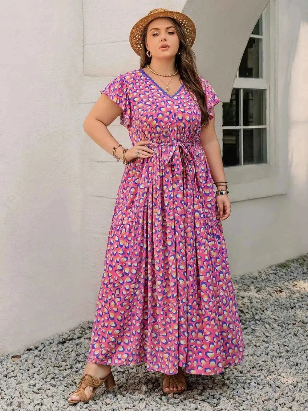 Plus Size Printed V-Neck Flutter Sleeve Tie Waist Maxi Dress