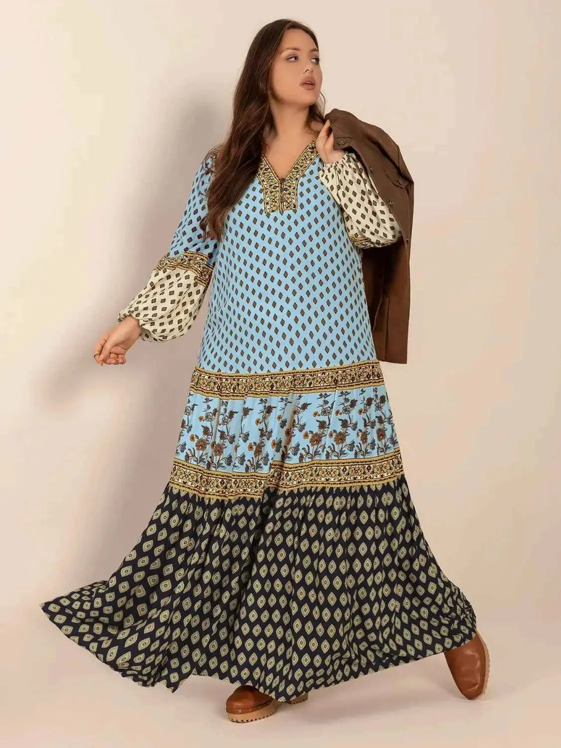 Plus Size Printed V-Neck Balloon Sleeve Maxi Dress