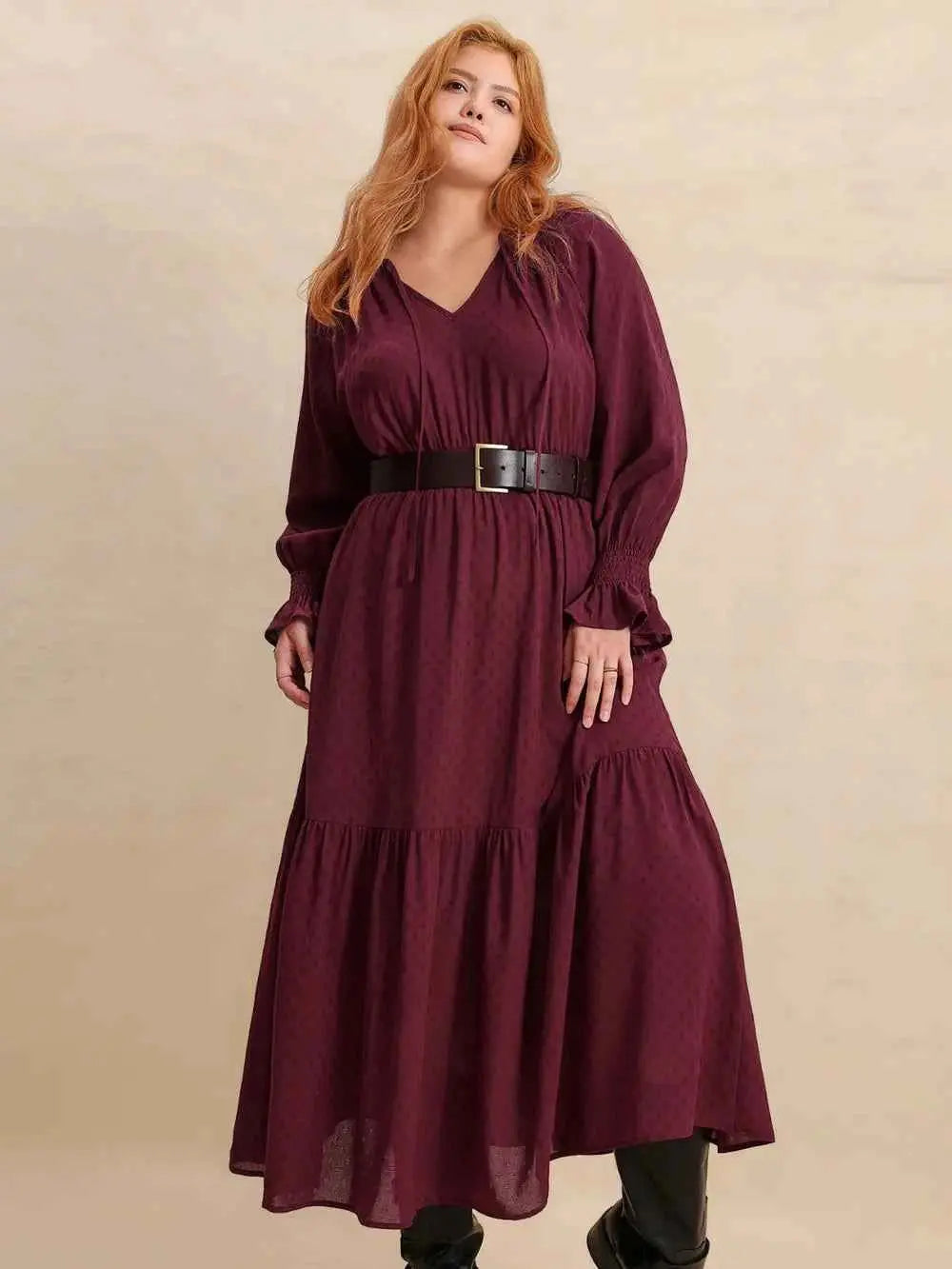 Plus Size Swiss Dot Tie Neck Flounce Sleeve Maxi Dress