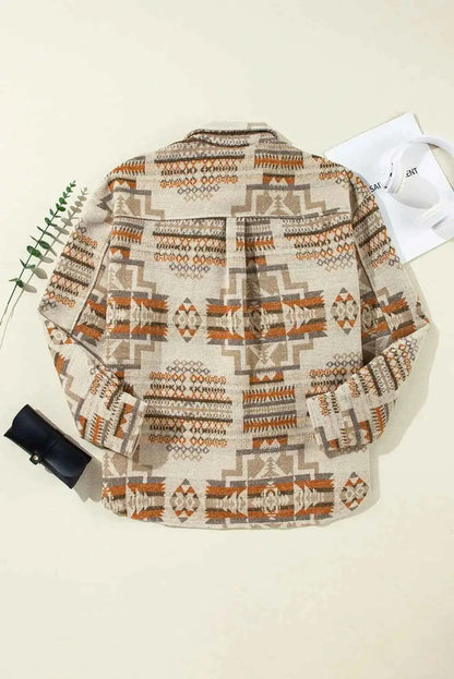 Plus Size Geometric Collared Neck Long Sleeve Jacket
