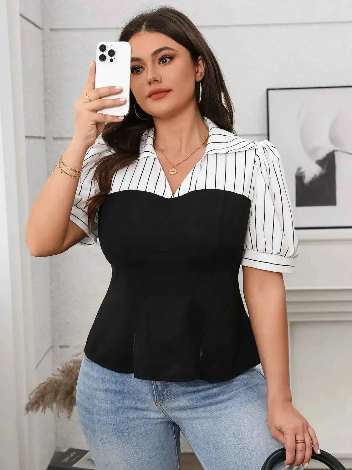 Plus Size Striped Johnny Collar Short Sleeve Blouse