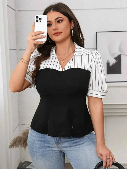 Plus Size Striped Johnny Collar Short Sleeve Blouse