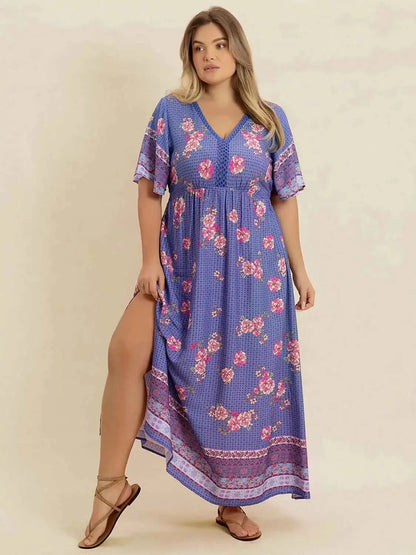 Plus Size Printed V-Neck Flutter Sleeve Dress