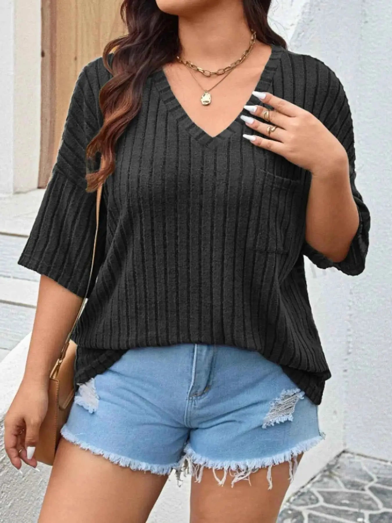 Plus Size V-Neck Ribbed Knit T-Shirt