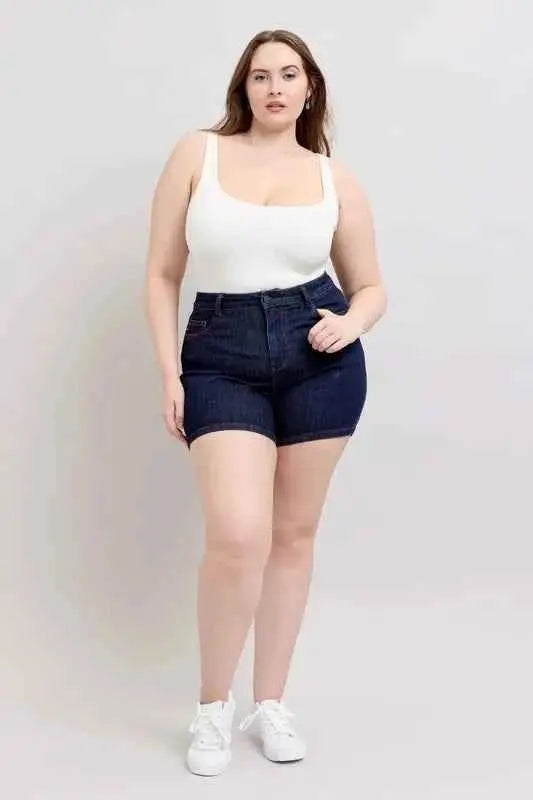 Judy Blue Plus Size HW Heart Shaped Pkts & Red Contrast Thread Denim Shorts