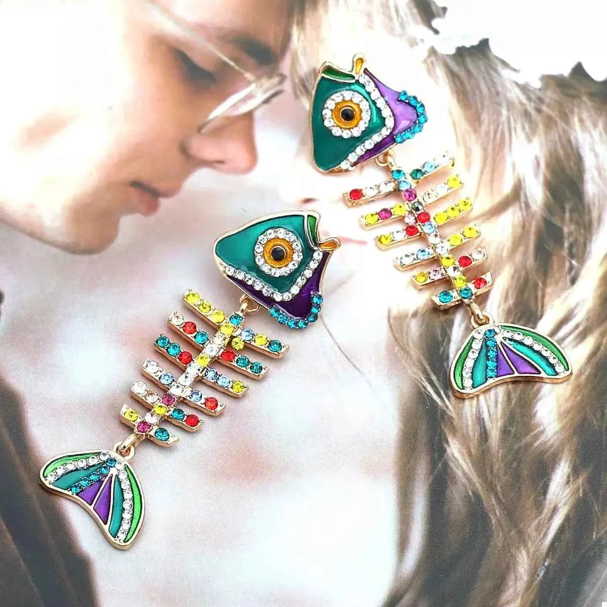 Rhinestone Colorful Fish Bone Statement Earrings