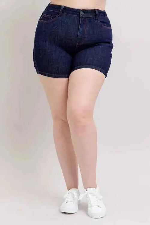 Judy Blue Plus Size HW Heart Shaped Pkts & Red Contrast Thread Denim Shorts