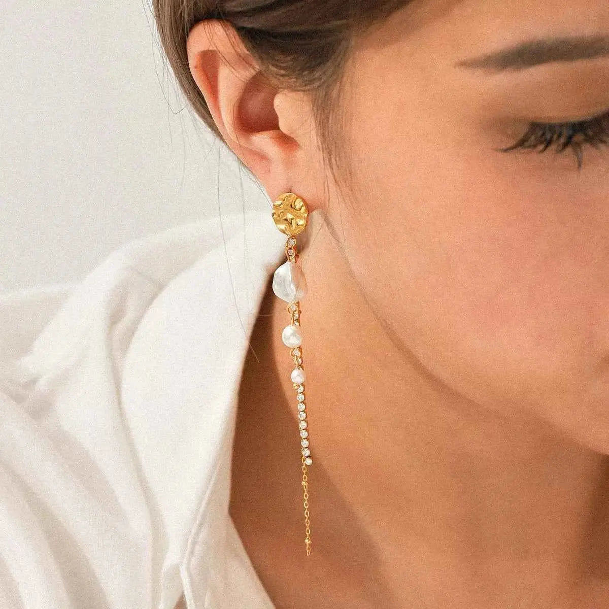 18K Gold-Plated Zircon Pearl Chain Earrings