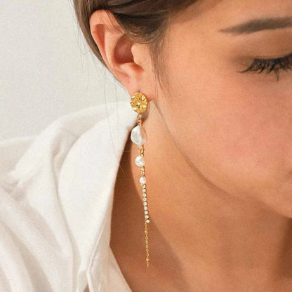 18K Gold-Plated Zircon Pearl Chain Earrings