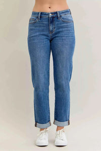 Blue Plus Size Cuffed Jeans - Classic Mid Rise Boyfriend Fit in Full Size