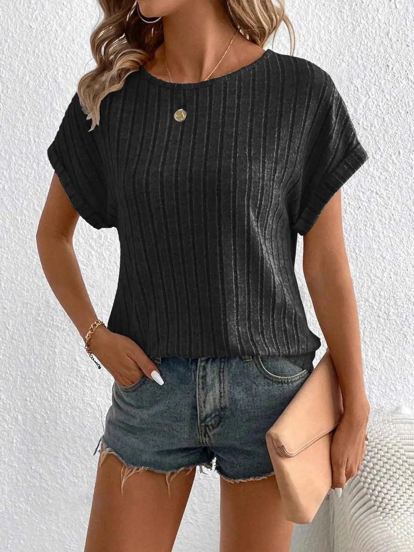Plus Size Ribbed Texture Short Sleeve T-Shirt
