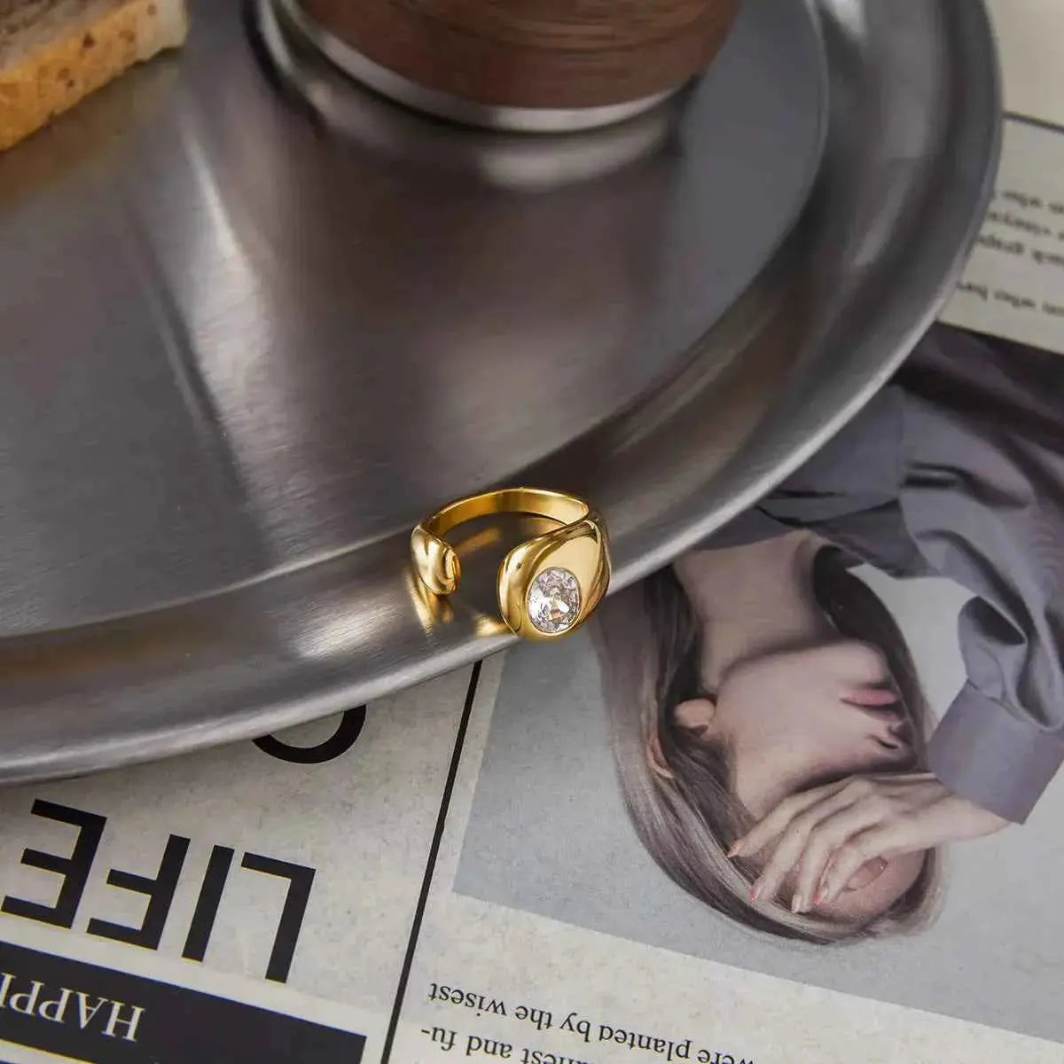 18K Gold-Plated Rhinestone Open Ring