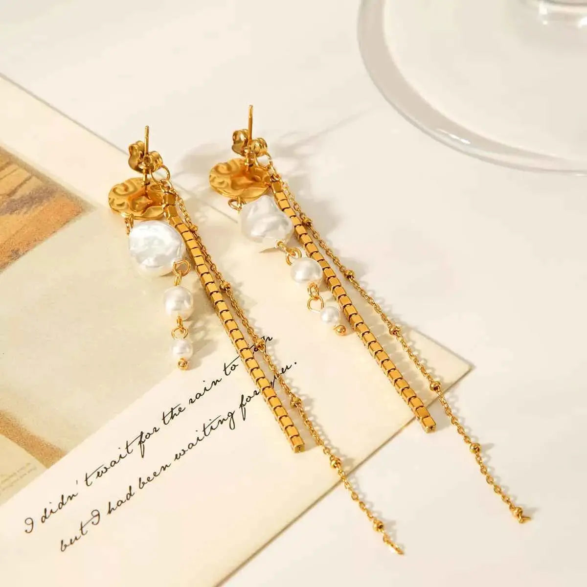 18K Gold-Plated Zircon Pearl Chain Earrings