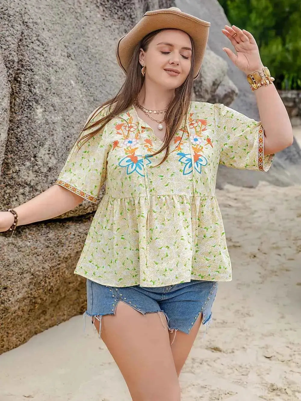 Plus Size Printed Tie Neck Half Sleeve Blouse