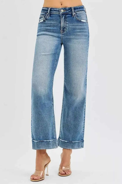 RISEN Full Size Mid Rise Crop Straight Jeans with Taylor Cuffed Plus Size