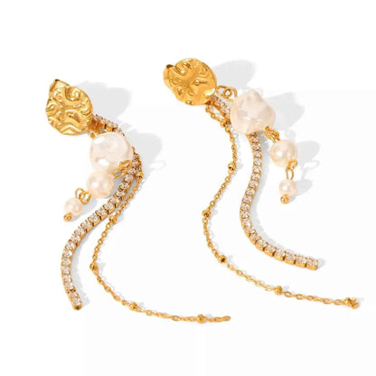 18K Gold-Plated Zircon Pearl Chain Earrings