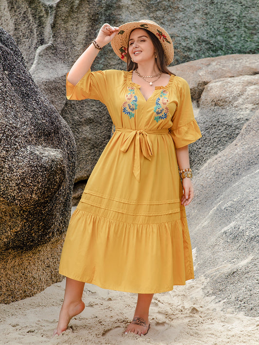 Plus Size Women V neck Summer Short Sleeved Dress