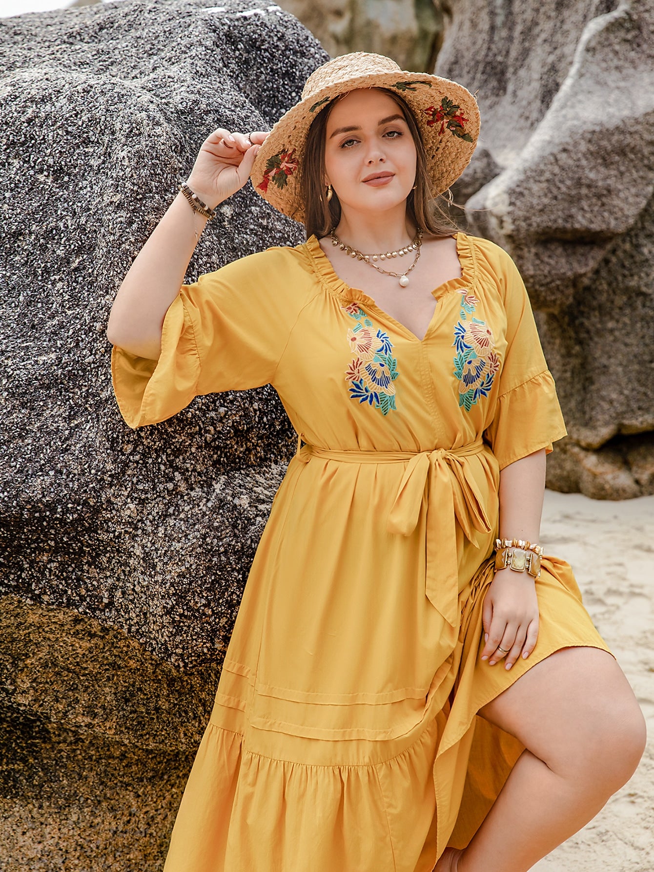 Plus Size Women V neck Summer Short Sleeved Dress