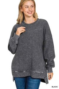 Plus Size Acid Washed Sweatshirt with Double Ribbed Hi-Low Design