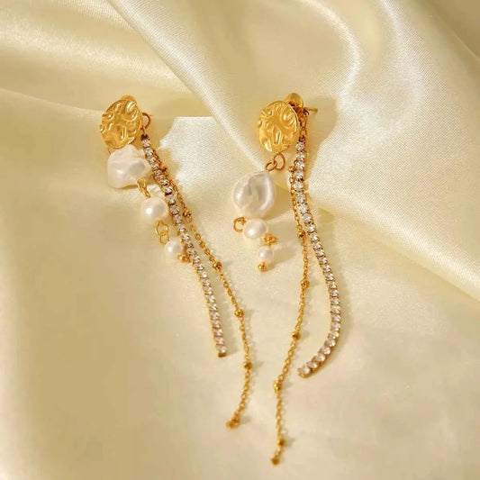 18K Gold-Plated Zircon Pearl Chain Earrings