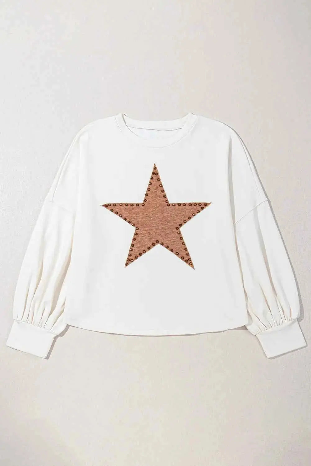 Plus Size Studded Star Round Neck Long Sleeve Blouse