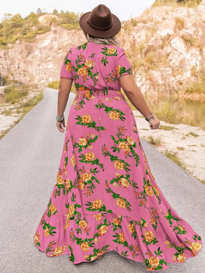 Plus Size Floral V-Neck Short Sleeve Maxi Dress