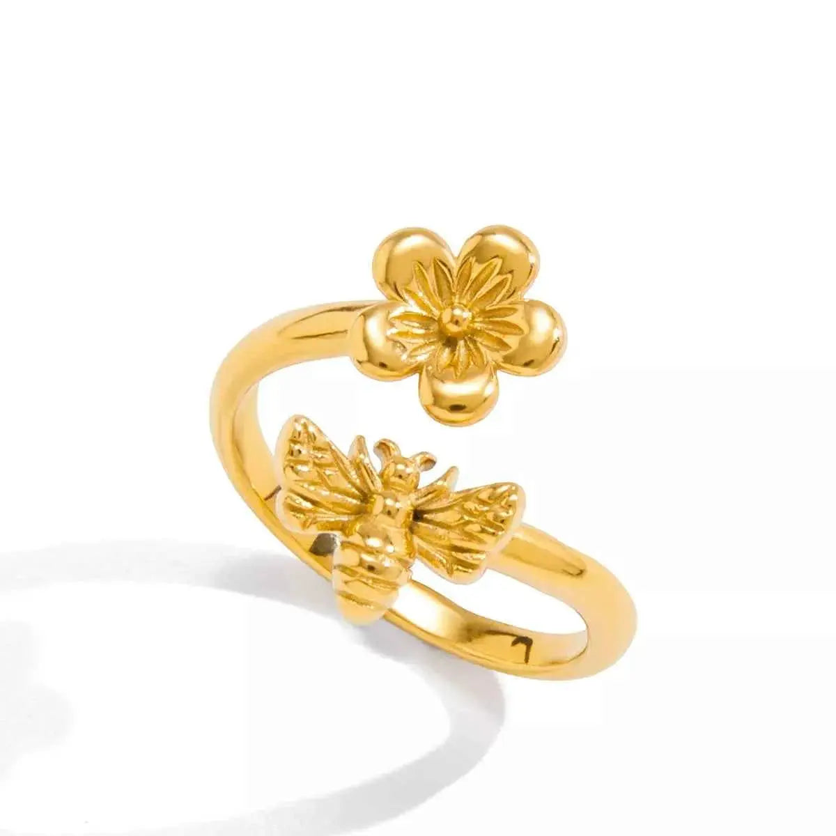 18K Gold-Plated Flower Bee Open Ring