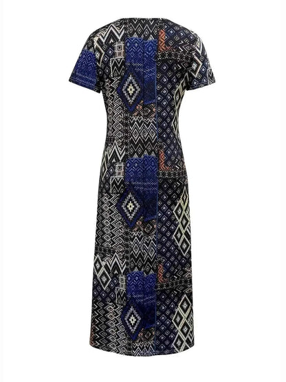 Plus Size Geometric Print V-Neck Short Sleeve Dress