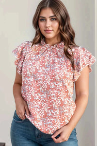 Plus Size Ruffled Floral Mock Neck Cap Sleeve Blouse