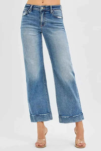 RISEN Full Size Mid Rise Crop Straight Jeans with Taylor Cuffed Plus Size