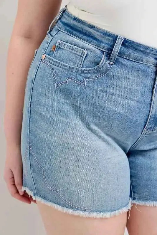 Judy Blue Plus Size High Waist Western Embroidery Detail Cut Off Denim Shorts