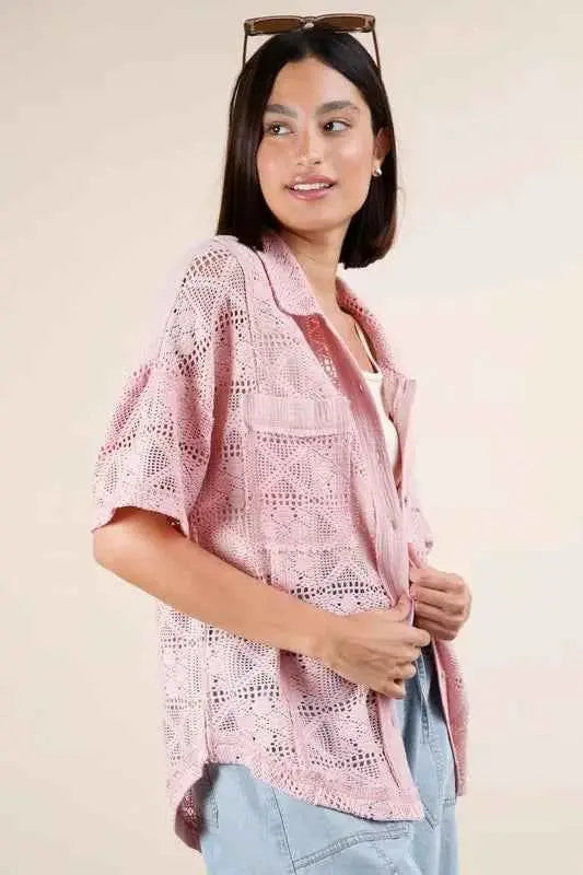 VERY J Plus Size Oversized Crochet Button Down Shirt Top