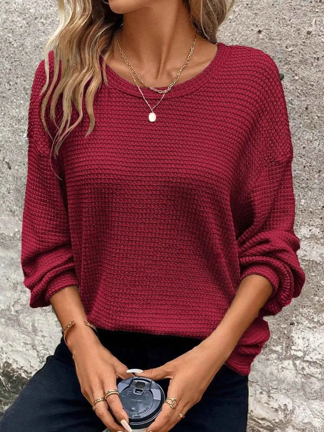 Plus Size Relaxed Fit Waffle Knit Round Neck T-Shirt
