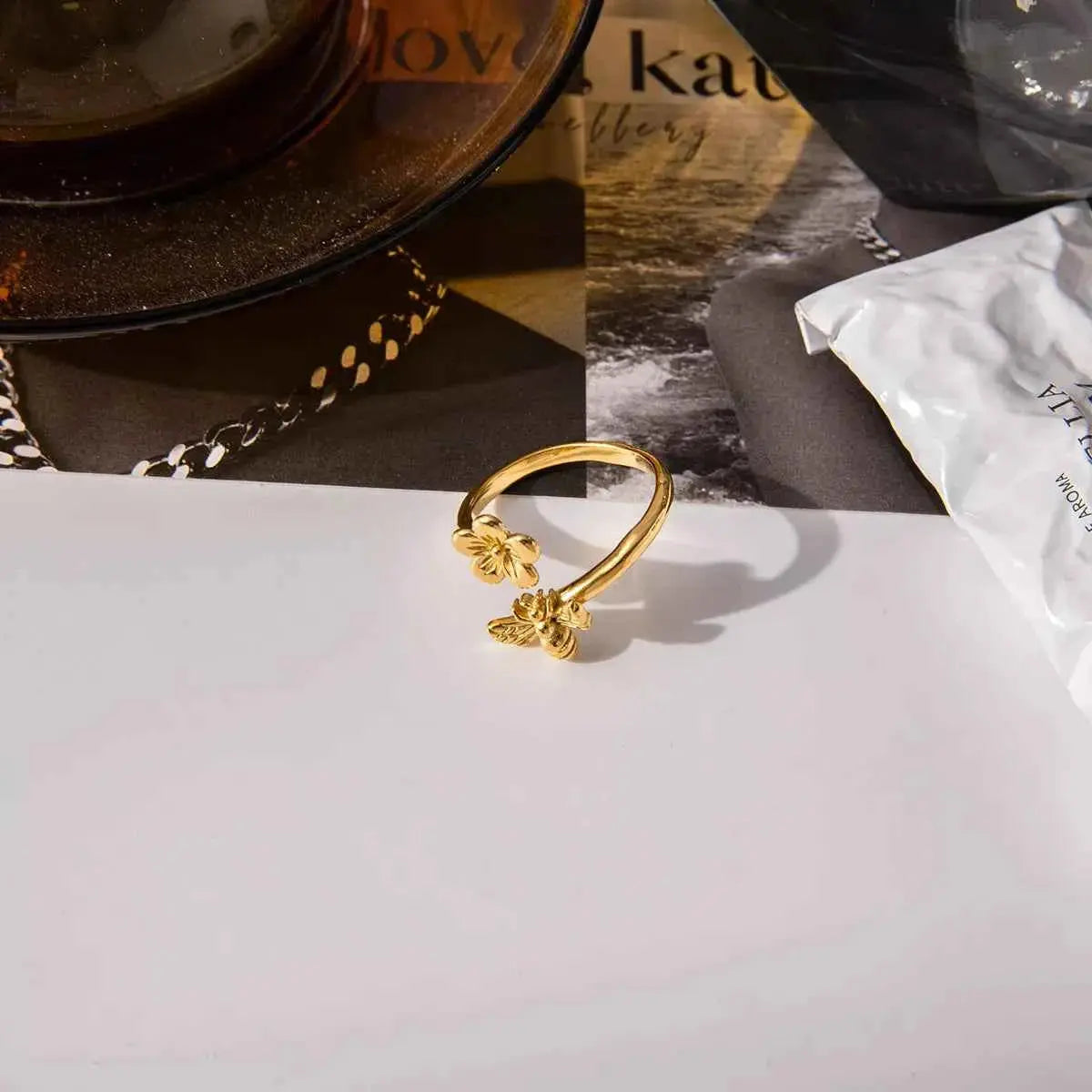 18K Gold-Plated Flower Bee Open Ring