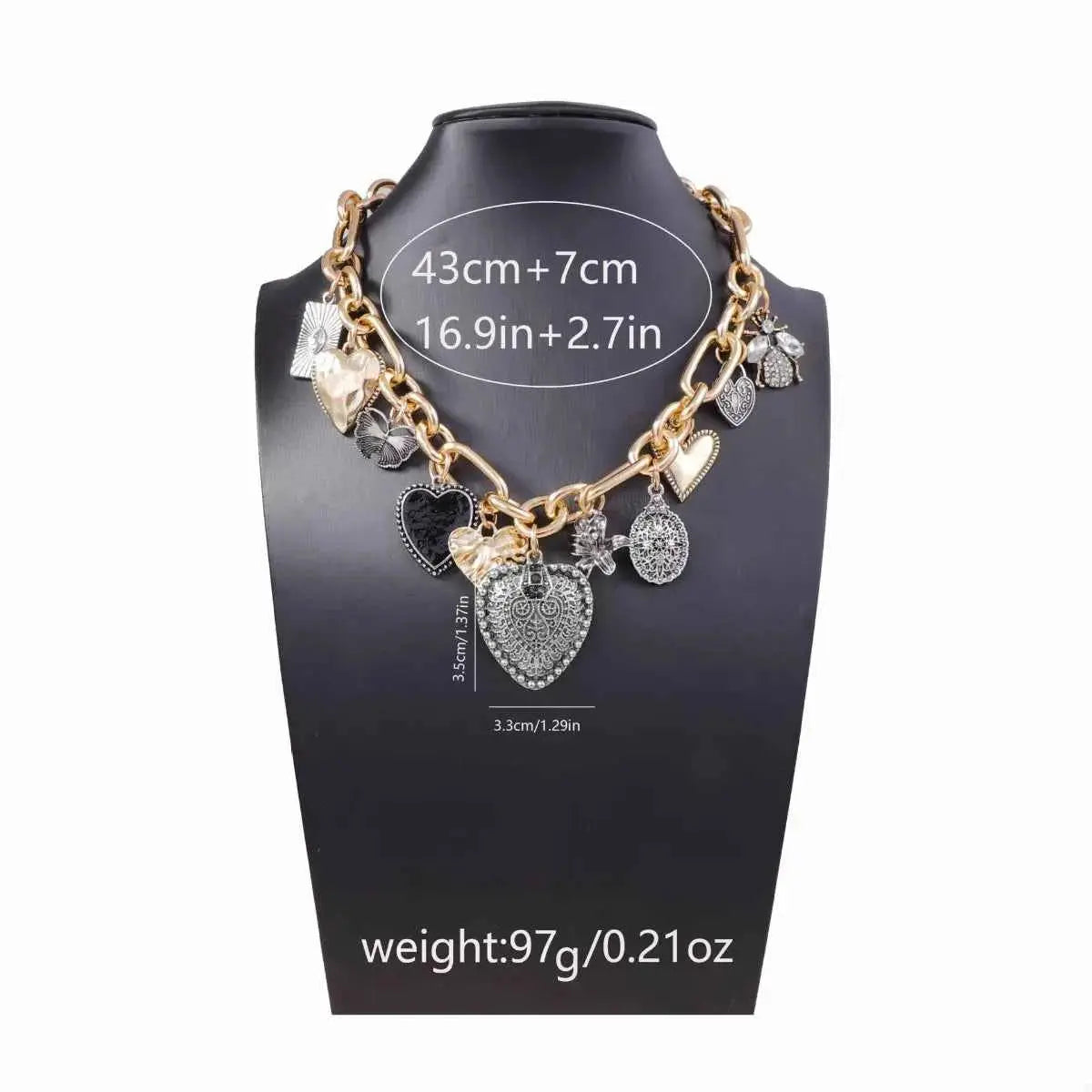 18K Gold-Plated Alloy Heart Charm Chain Statement Necklace