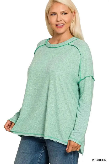 Zenana Full Size Melange Hacci Exposed Seam Hi-low Tee Plus Size