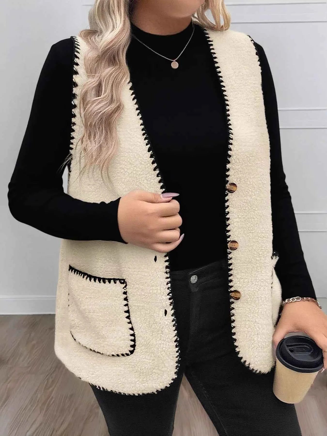 Plus Size Contrast Trim Button Up Vest Coat