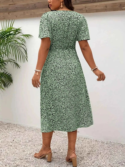 Plus Size Printed V-Neck Short Sleeve Midi Dress