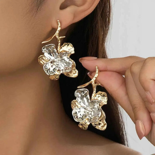 Stainless Steel Flower Statement Drop Earrings