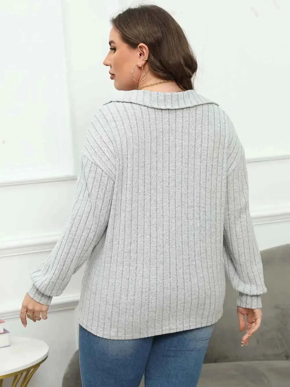 Plus Size Ribbed Collared Neck Long Sleeve Blouse