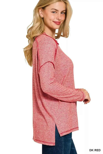 Zenana Full Size Melange Hacci Exposed Seam Hi-low Tee Plus Size