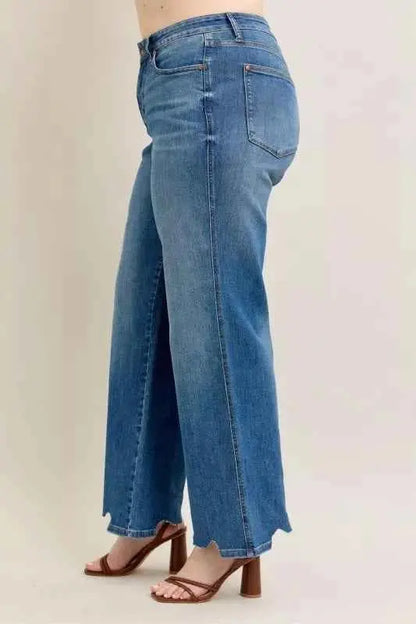 Judy Blue Full Size High Waist Tummy Control Chew Hem Destroy Wide Jeans Plus Size