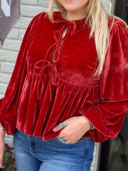 Plus Size Tie Front Velvet Peplum Blouse